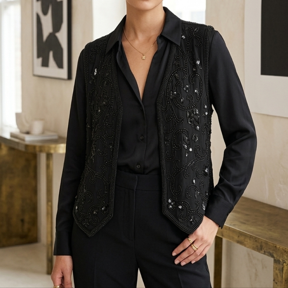 Vintage Sudi Creation England Black Beaded 100% Silk Vest Sequin Evening M
